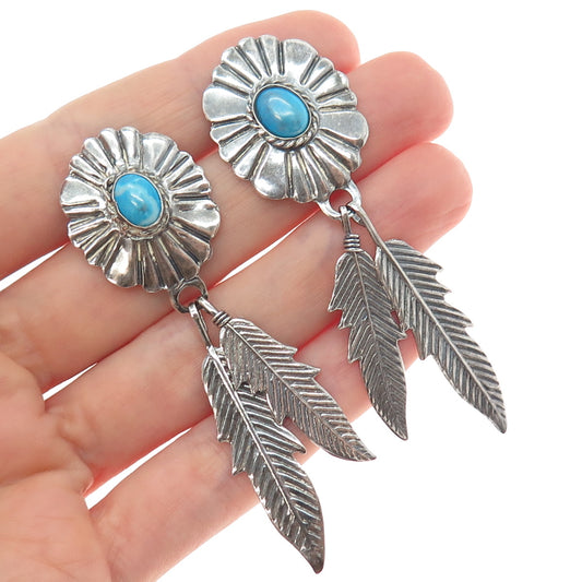 925 Sterling Silver Vintage Mexico Real Turquoise Feather Oxidized Earrings
