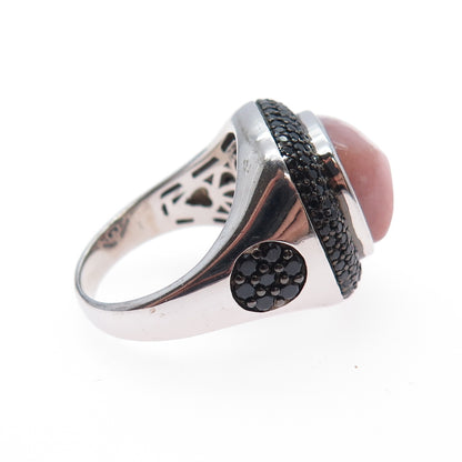 925 Sterling Silver Real Rhodonite & Black Spinel Modernist Ring Size 8