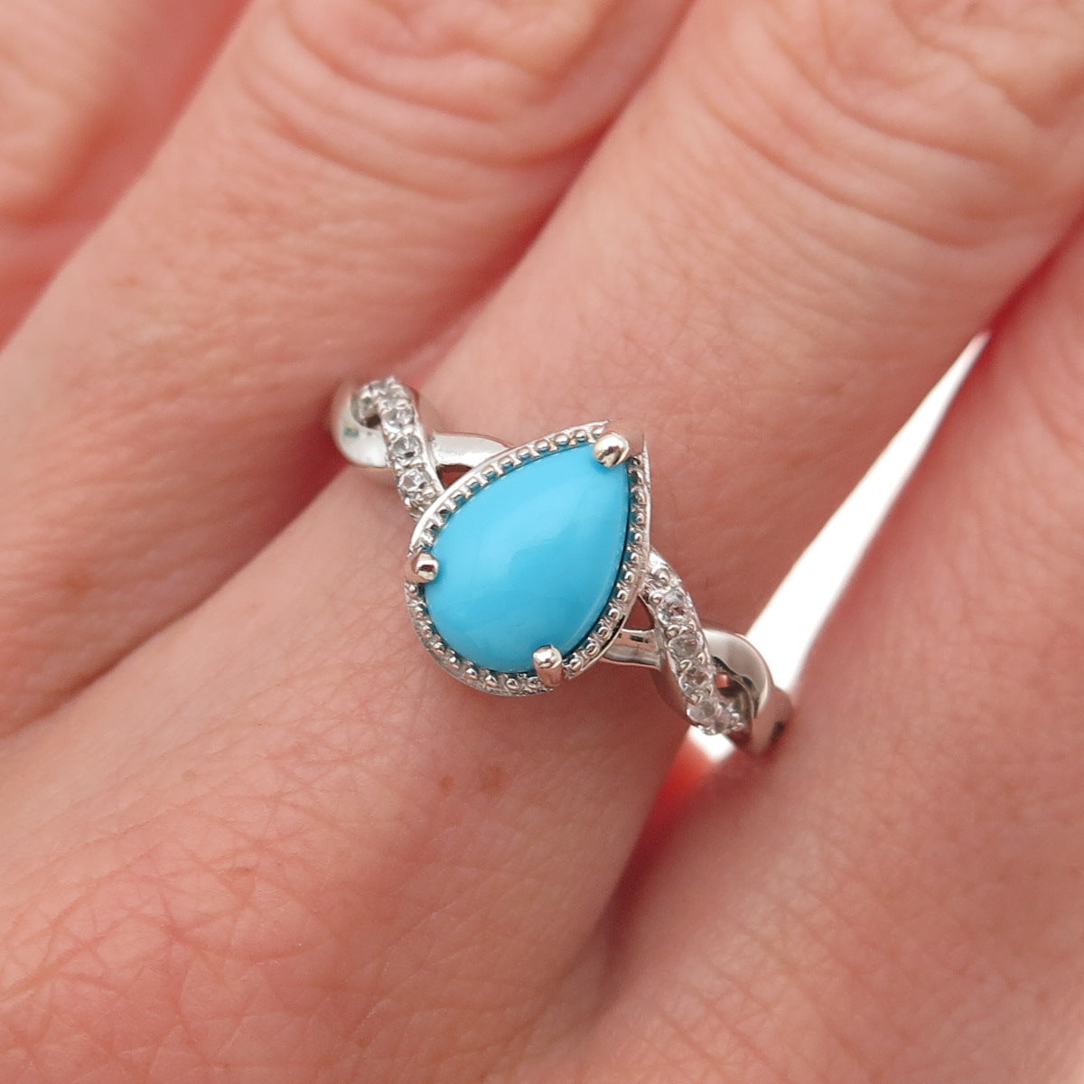 D'Joy 925 Sterling Real Sleeping Beauty Turquoise & White Topaz Ring Size 8.25