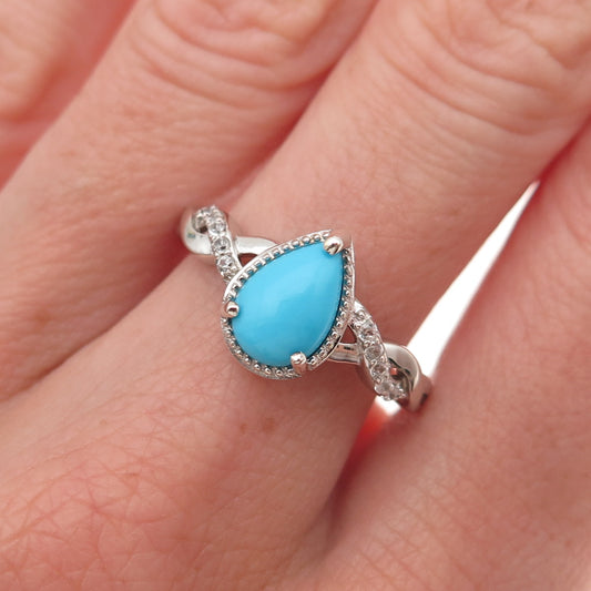 D'Joy 925 Sterling Real Sleeping Beauty Turquoise & White Topaz Ring Size 8.25
