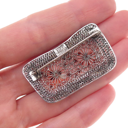 925 Sterling Silver Antique China Real Coral & Enamel Floral Filigree Pin Brooch