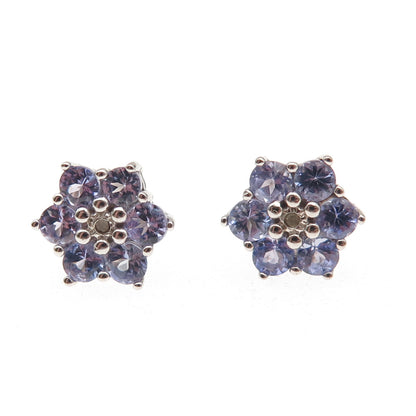 925 Sterling Silver Real Round-Cut Diamond & Tanzanite Floral Stud Earrings
