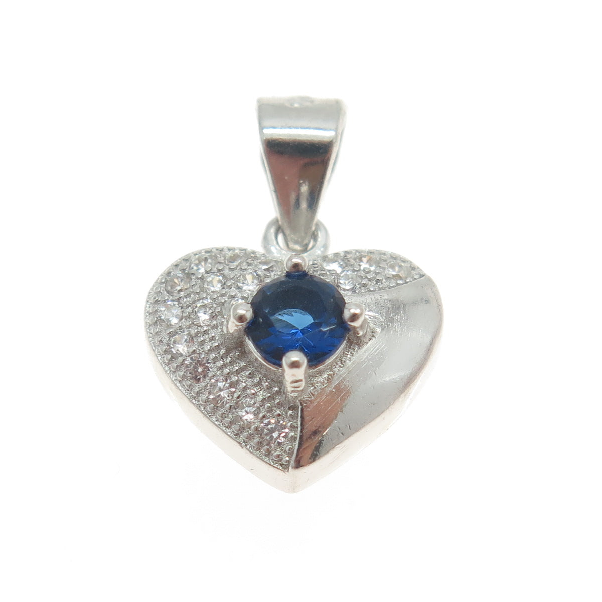 925 Sterling Silver Blue & White C Z Heart Pendant