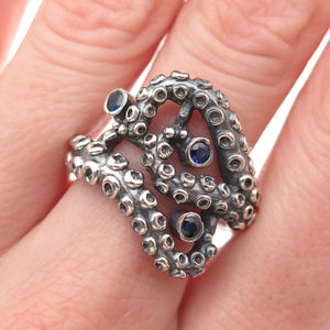 925 Sterling Silver Vintage Real Sapphire Octopus Oxidized Ring Size 8.25