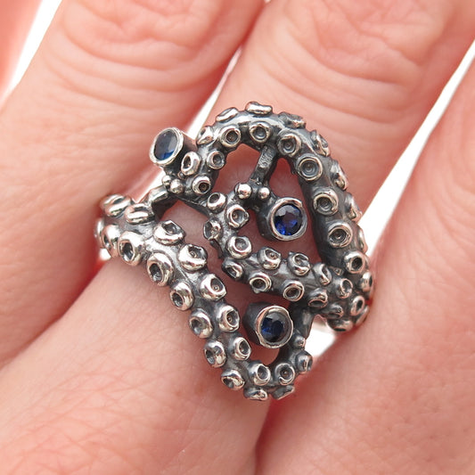 925 Sterling Silver Vintage Real Sapphire Octopus Oxidized Ring Size 8.25