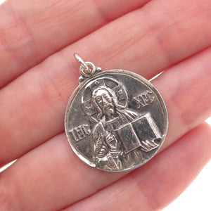 925 Sterling Silver Antique Art Deco Jesus Orthodox Medal Charm Pendant