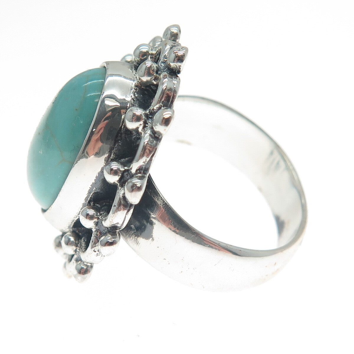 925 Sterling Silver Vintage Mountain Turquoise Flower Oxidized Ring Size 8.75