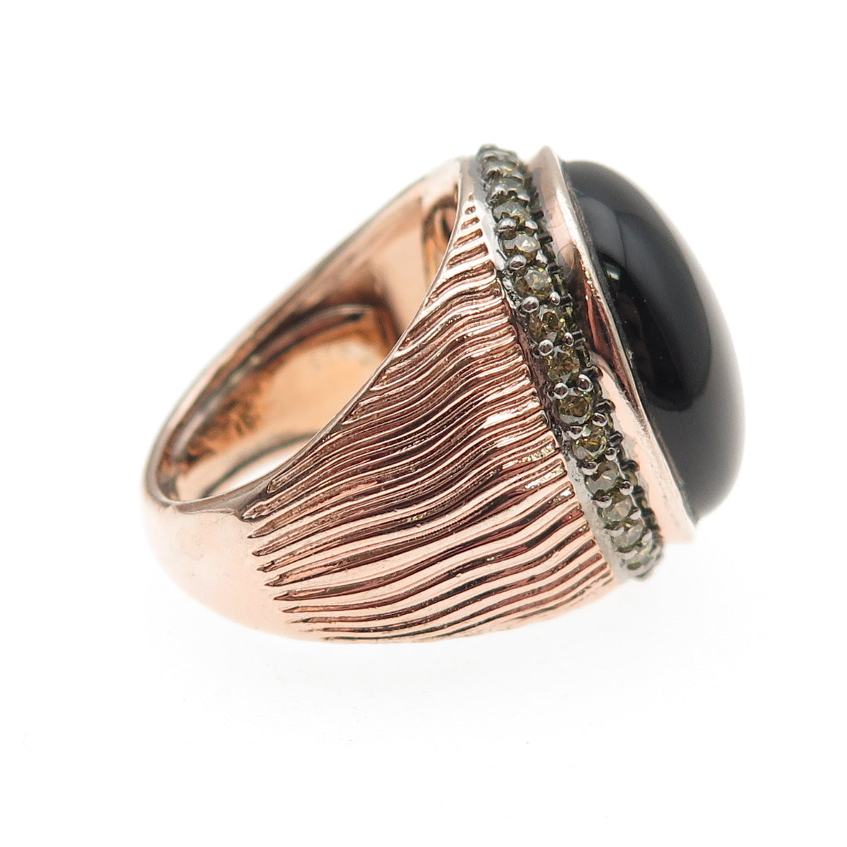 Arzy 925 Sterling Silver Rose Gold Plated Real Black Onyx & C Z Ring Size 7.25