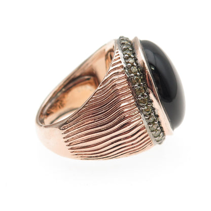 Arzy 925 Sterling Silver Rose Gold Plated Real Black Onyx & C Z Ring Size 7.25
