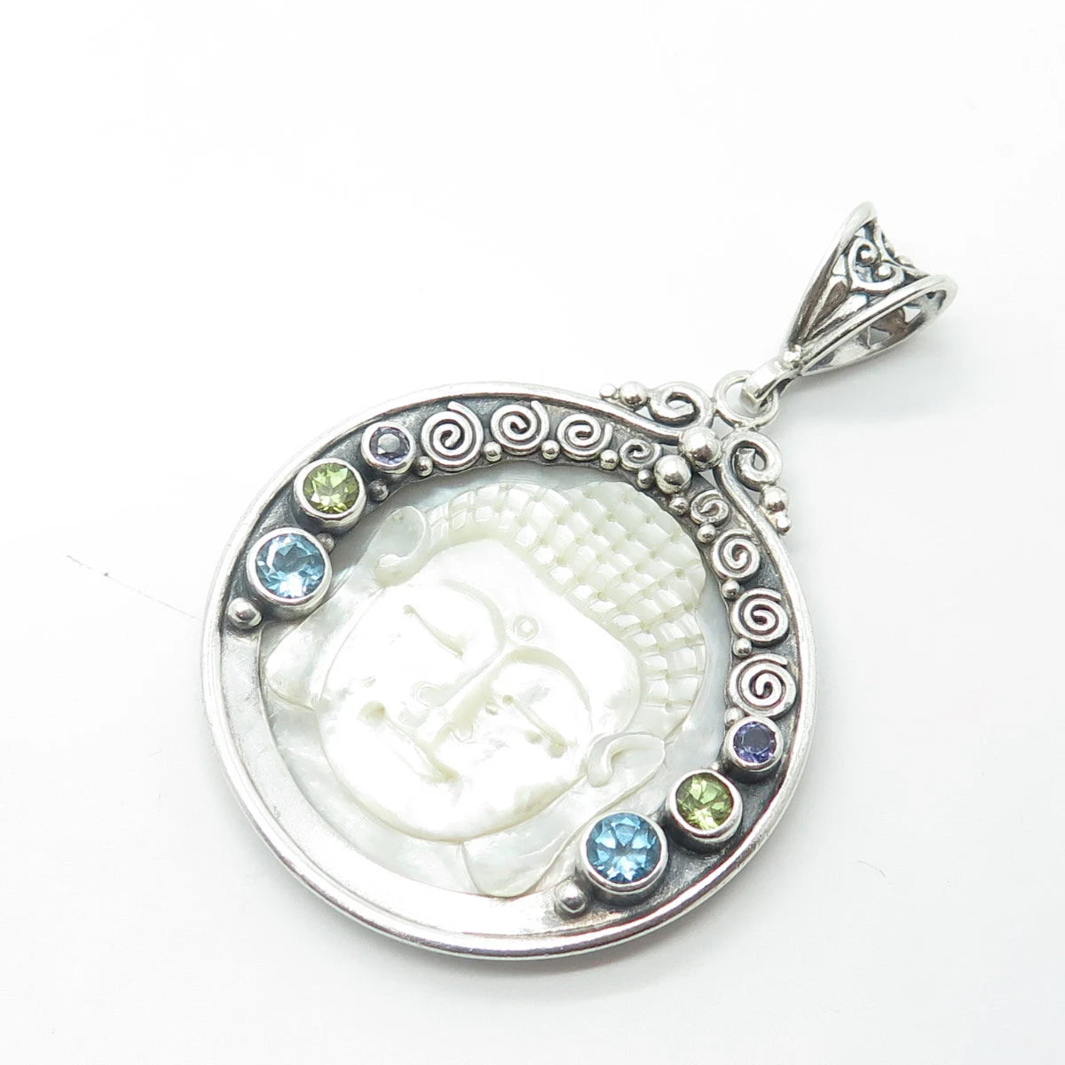 925 Sterling Silver Vintage Real MOP Iolite Topaz Peridot Buddha Amulet Pendant