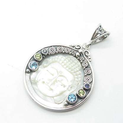 925 Sterling Silver Vintage Real MOP Iolite Topaz Peridot Buddha Amulet Pendant