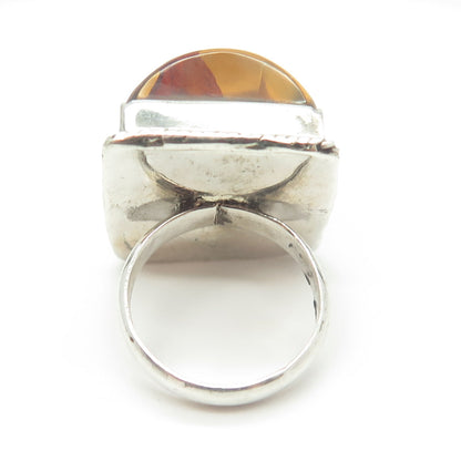 925 Sterling Silver Vintage Real Amber Modernist Statement Ring Size 6.75