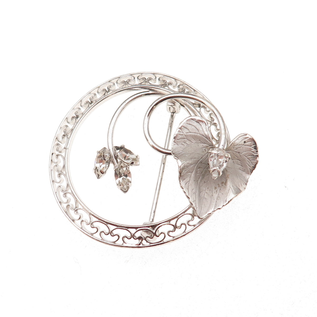 Carl Art Sterling Silver Antique Art Deco Rhinestone Floral Pin Brooch / Pendant