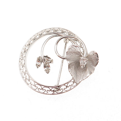 Carl Art Sterling Silver Antique Art Deco Rhinestone Floral Pin Brooch / Pendant