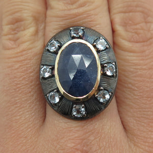 DSMK 925 Sterling Silver 2-Tone Real Sapphire & Blue Topaz Ring Size 6.75