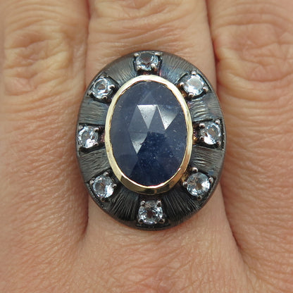DSMK 925 Sterling Silver 2-Tone Real Sapphire & Blue Topaz Ring Size 6.75