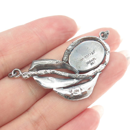 AVI SOFFER Sterling Vintage Israel Onyx Modernist Feather Centerpiece Pendant