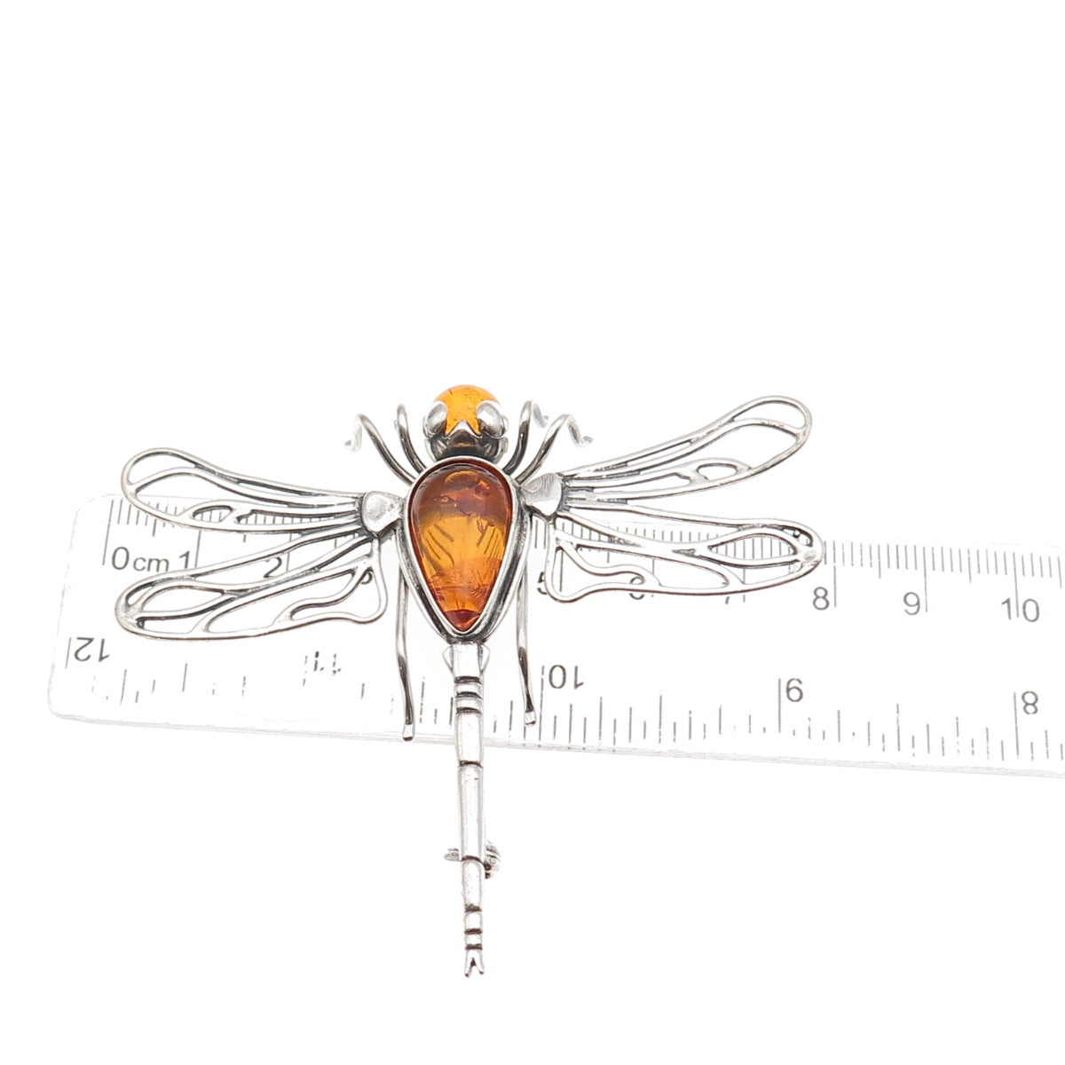 925 Sterling Silver Vintage Real Amber Dragonfly Oxidized Pin Brooch