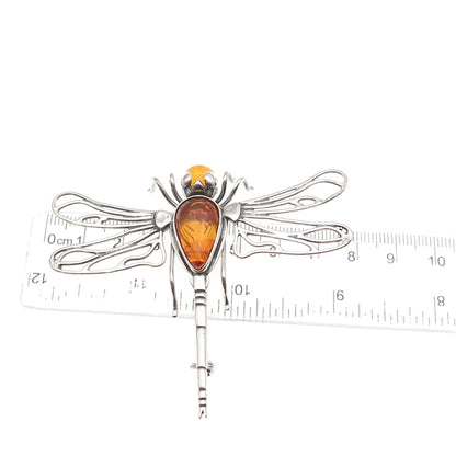925 Sterling Silver Vintage Real Amber Dragonfly Oxidized Pin Brooch