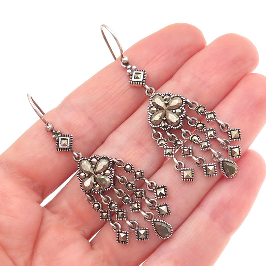 925 Sterling Silver Vintage Real Marcasite Floral Oxidized Dangle Earrings
