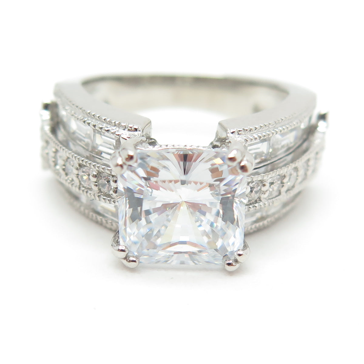 925 Sterling Silver Princess-Cut Round-Cut & Emerald-Cut Shaped C Z Ring Size 5