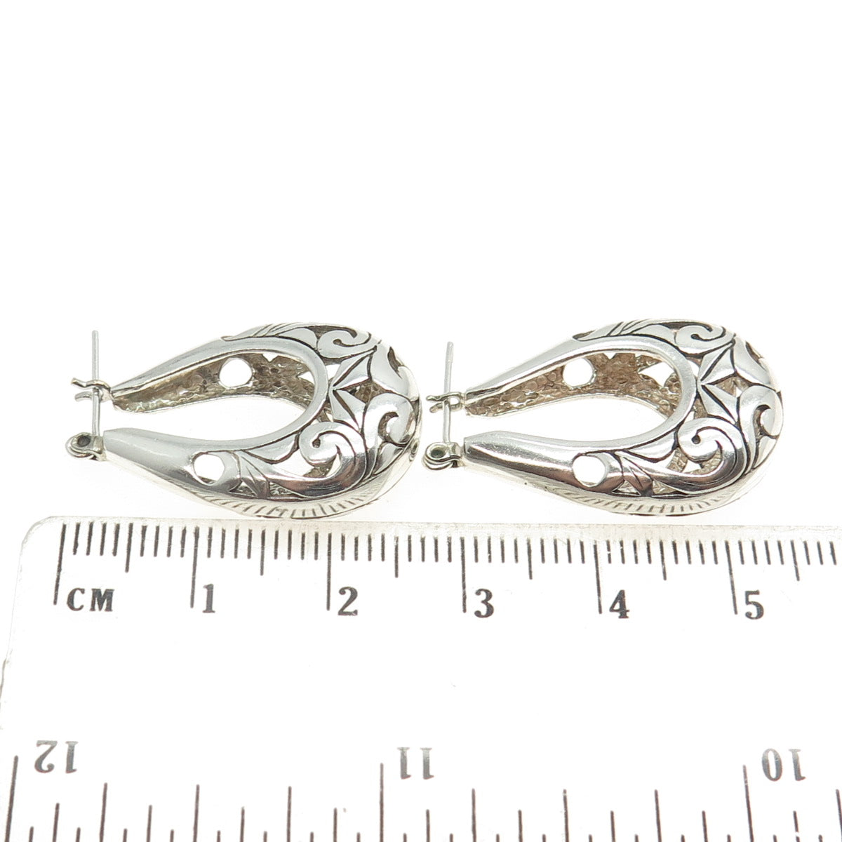 925 Sterling Silver Vintage Ornate Hinged Hoop Earrings