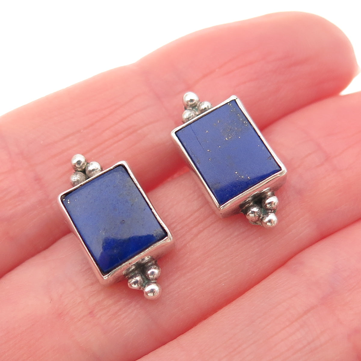 925 Sterling Silver Vintage Real Lapis Lazuli Beaded Earrings