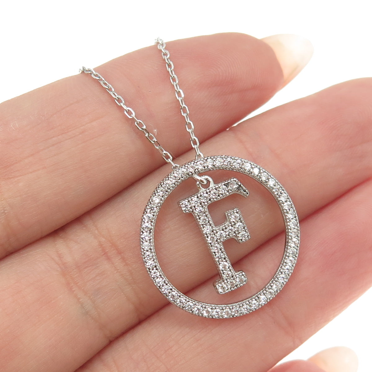 925 Sterling Silver Pave C Z Letter "F" Initial Cable Chain Necklace 16-18"