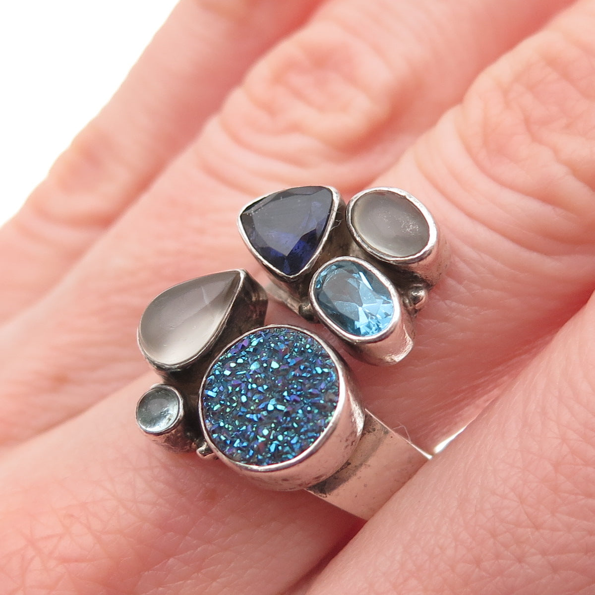 SAJEN Sterling Silver Vintage Moonstone Druzy Iolite & Blue Topaz Ring Size 8.25