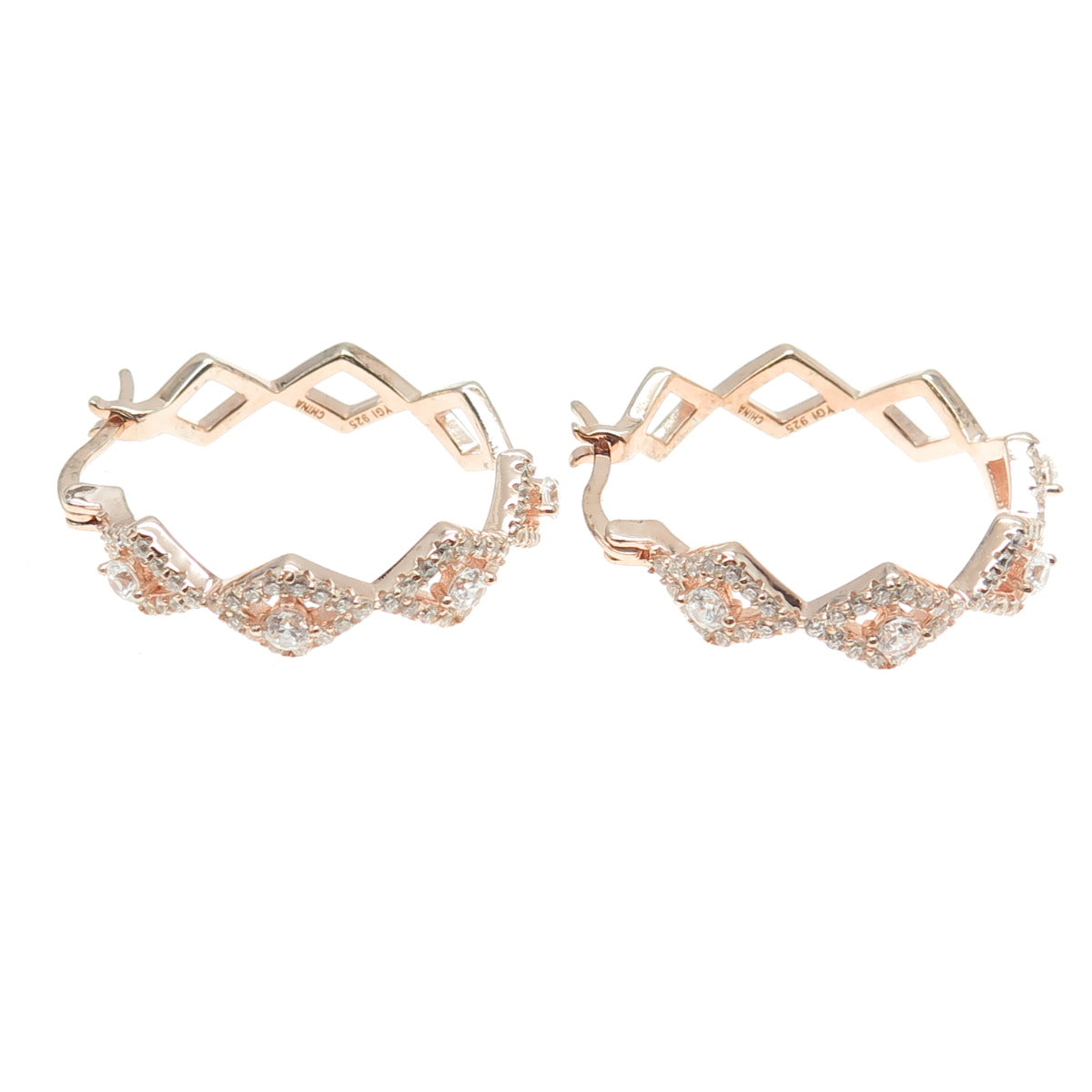 925 Sterling Silver Rose Gold Plated Pave C Z Hinged Hoop Earrings