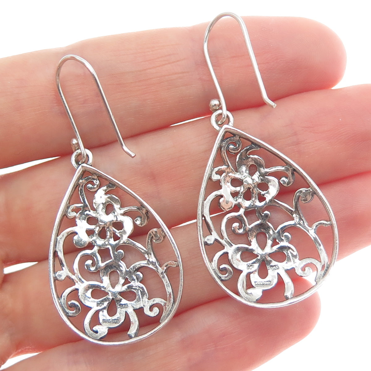 CHAPAL ZENRAY 925 Sterling Silver Vintage Ornate Flower Teardrop Dangle Earrings