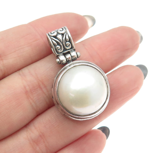 925 Sterling Silver Vintage Real Pearl Ornate Pendant