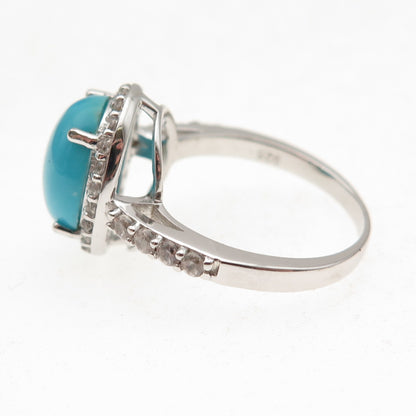 925 Sterling Silver Real Sleeping Beauty Turquoise & White Topaz Ring Size 8