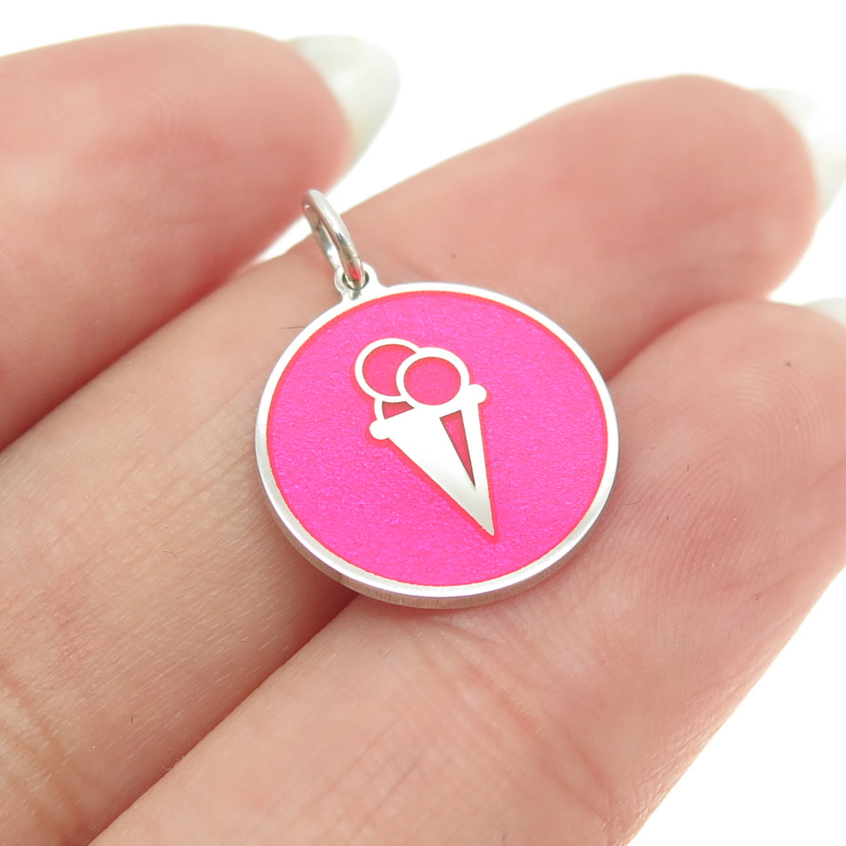 925 Sterling Silver Pink Enamel Ice Cream Round Tag Minimalist Charm Pendant