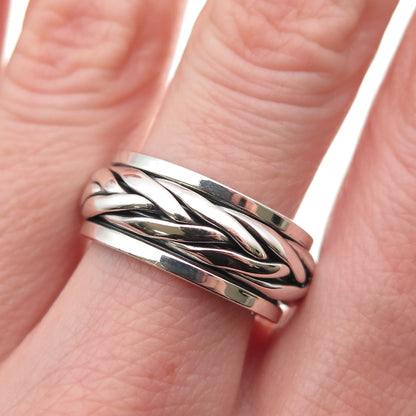 925 Sterling Silver Vintage Braided Oxidized Rotating Band Ring Size 7.75