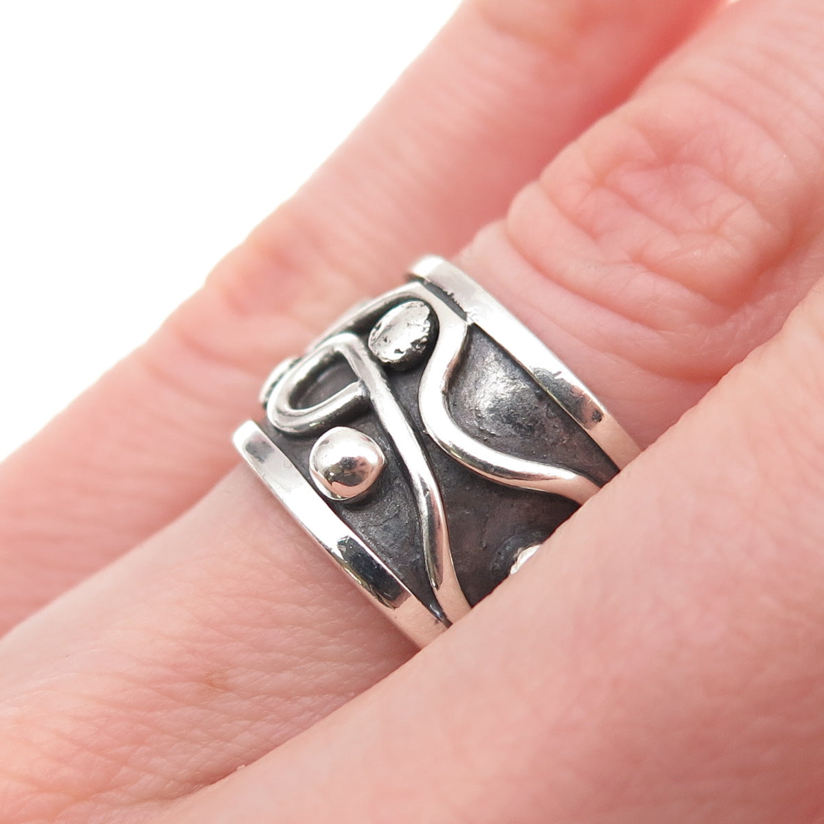 925 Sterling Silver Vintage Modernist Oxidized Wide Band Ring Size 5.25