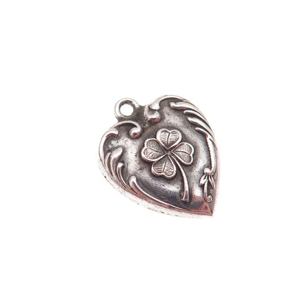 925 Sterling Silver Antique Art Deco Clover Heart Chatelaine Charm Pendant