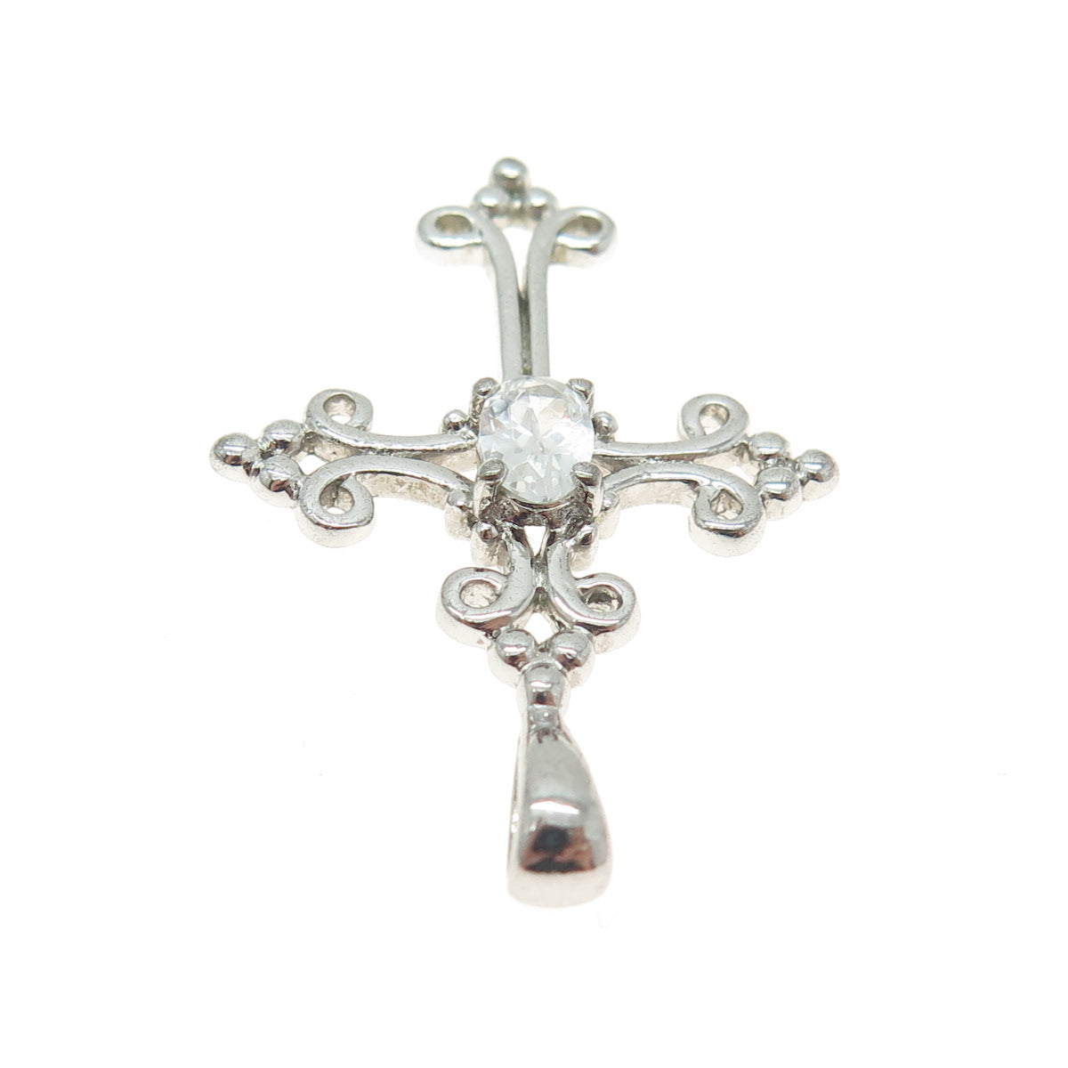 925 Sterling Silver Oval-Cut C Z Ornate Cross Pendant