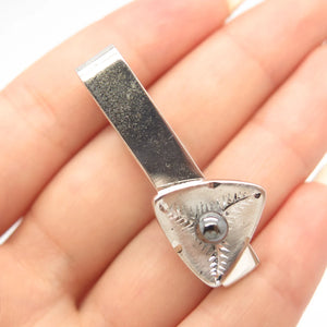 925 Sterling Silver Vintage Real Hematite Gem Etched Tie Clip