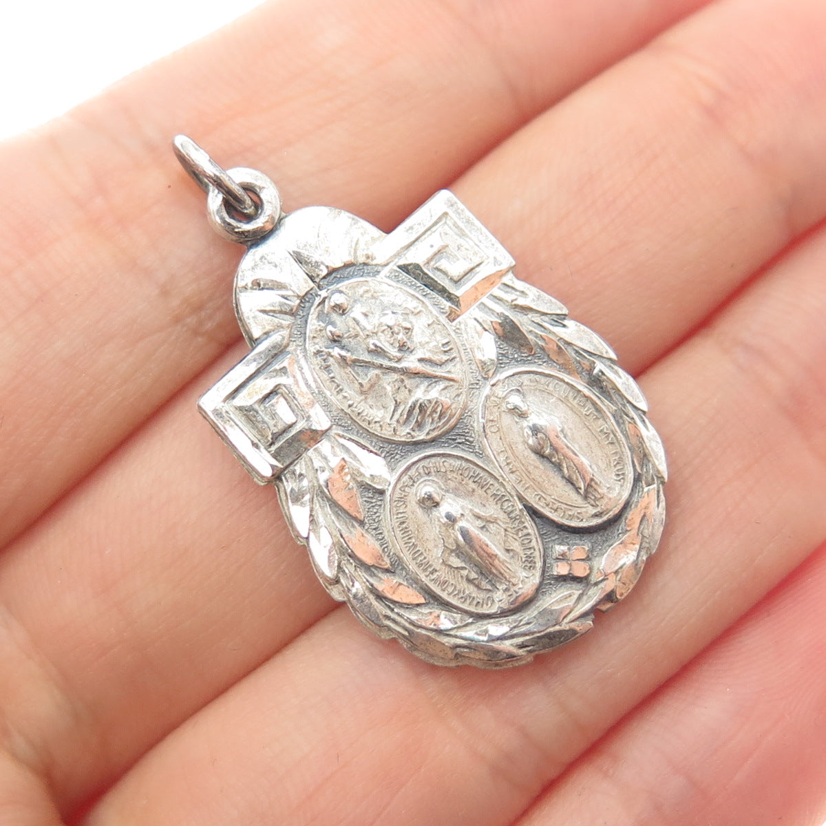 925 Sterling Silver Antique St. Mary St. Christopher & Jesus Slide Medal Pendant