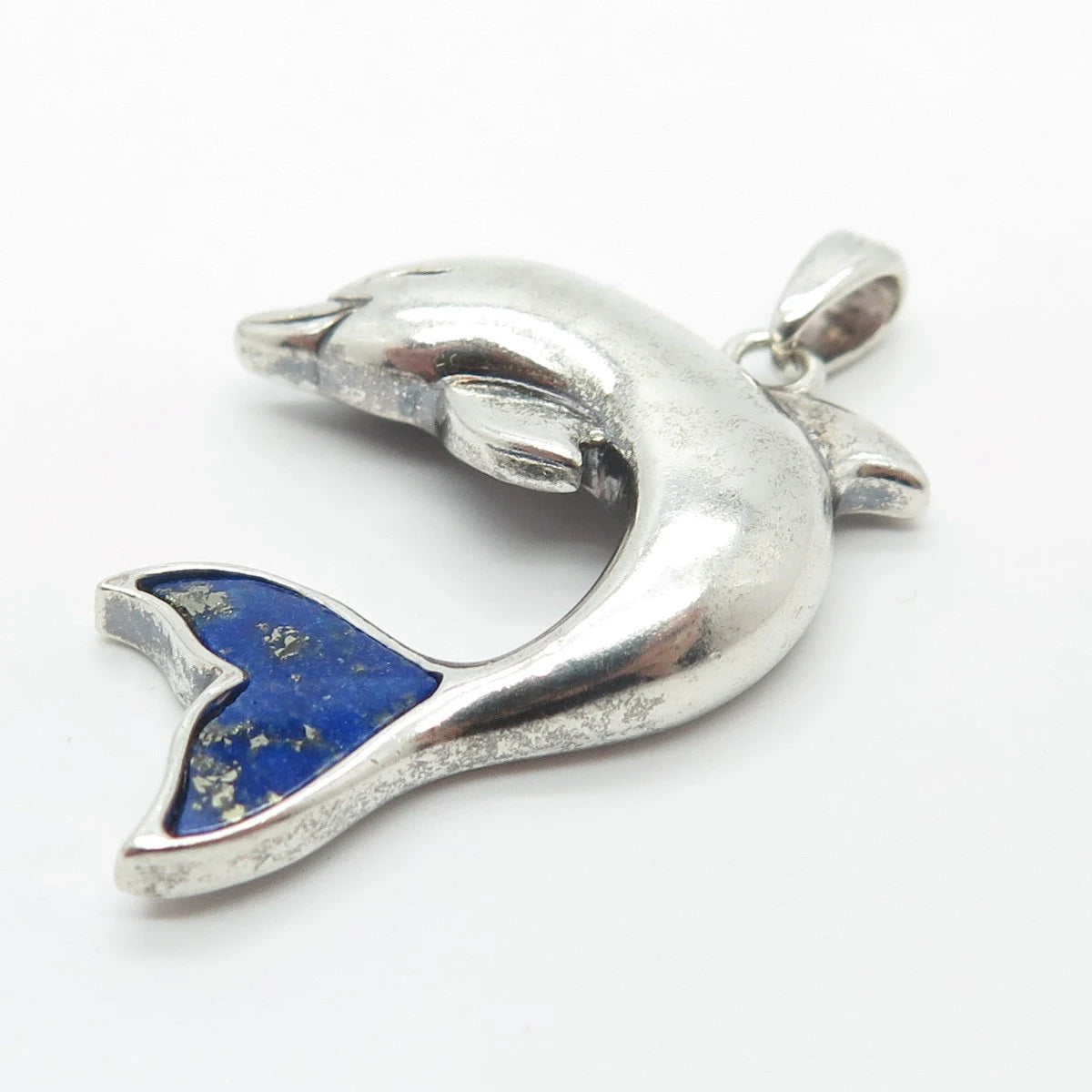 925 Sterling Silver Vintage Lenox Real Lapis Lazuli Gem Friendly Dolphin Pendant