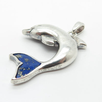 925 Sterling Silver Vintage Lenox Real Lapis Lazuli Gem Friendly Dolphin Pendant