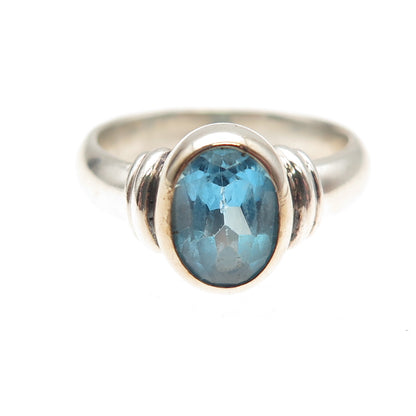 925 Sterling Silver Vintage Real Blue Topaz Modernist Oxidized Ring Size 5.75