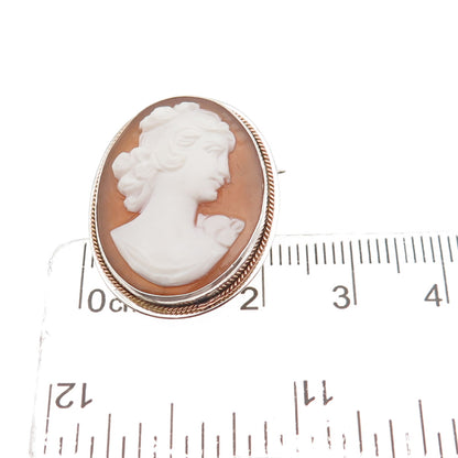 900 Silver 2-Tone Vintage Real MOP Carved Lady Cameo Pin Brooch / Pendant
