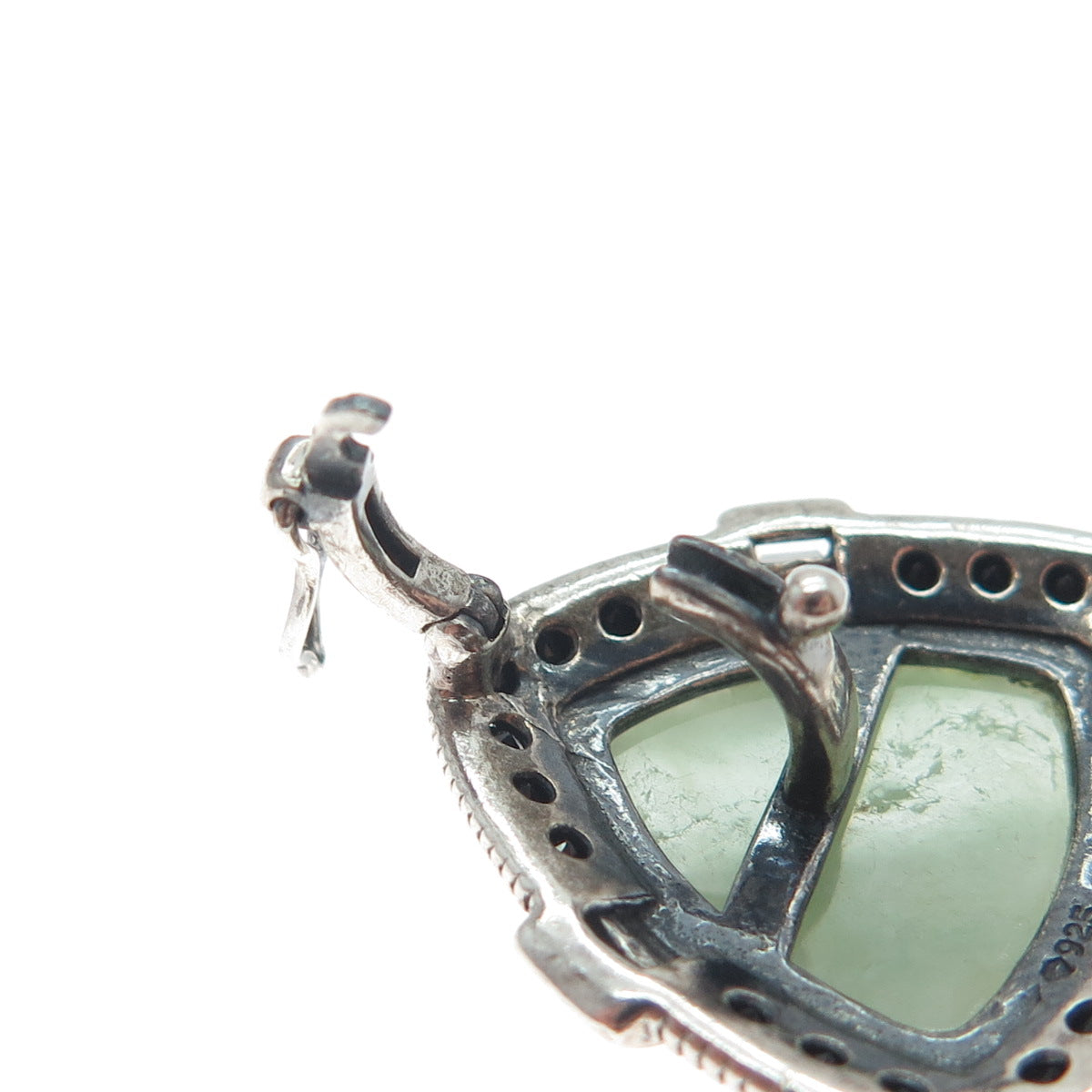 925 Sterling Silver Vintage Real Jade Black Spinel & C Z Triangle Pendant