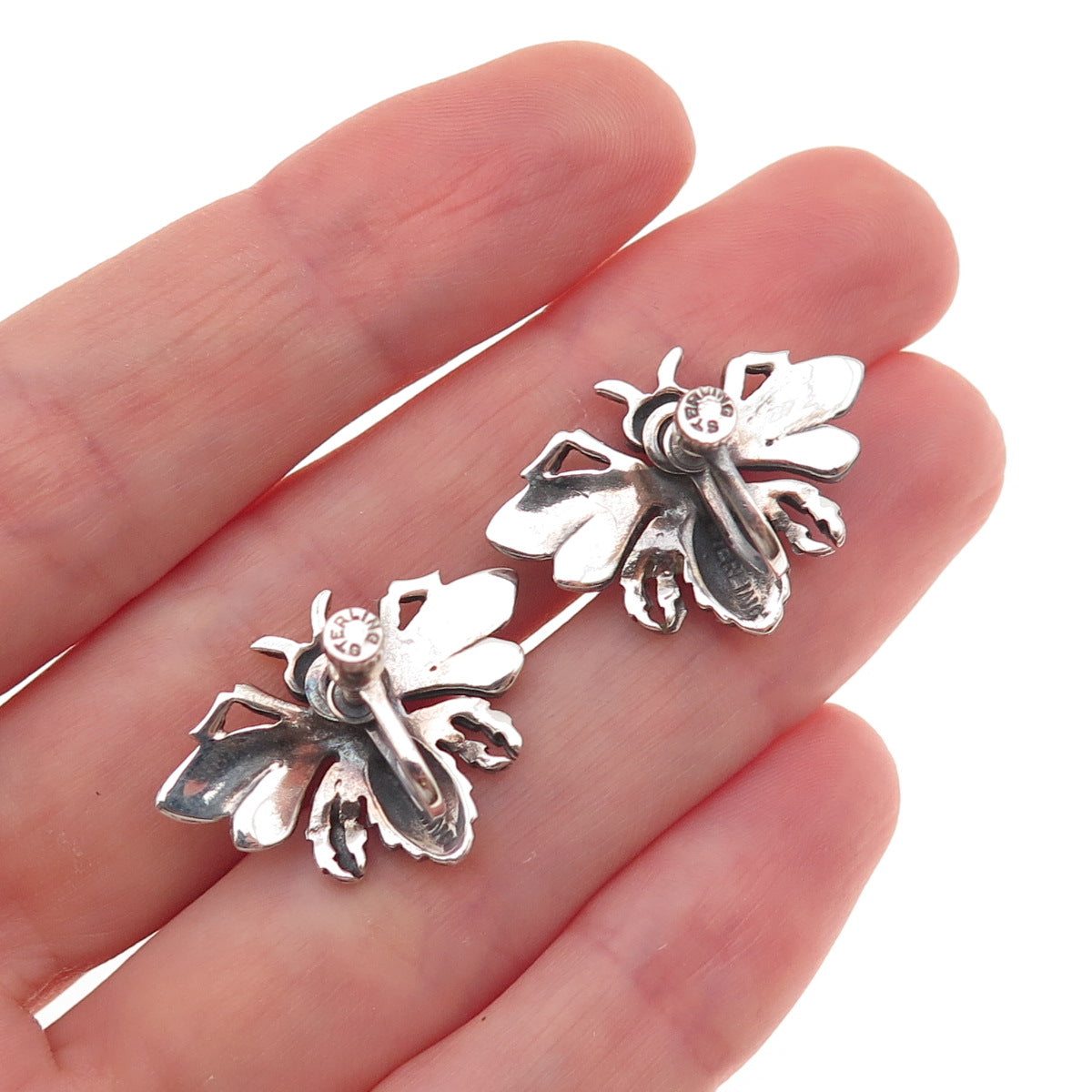 925 Sterling Silver Antique Art Deco Rhinestone Bee Oxidized Screw Back Earrings