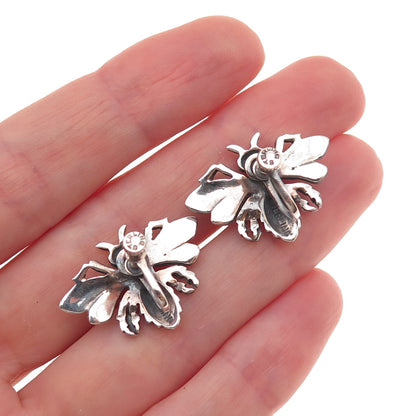 925 Sterling Silver Antique Art Deco Rhinestone Bee Oxidized Screw Back Earrings