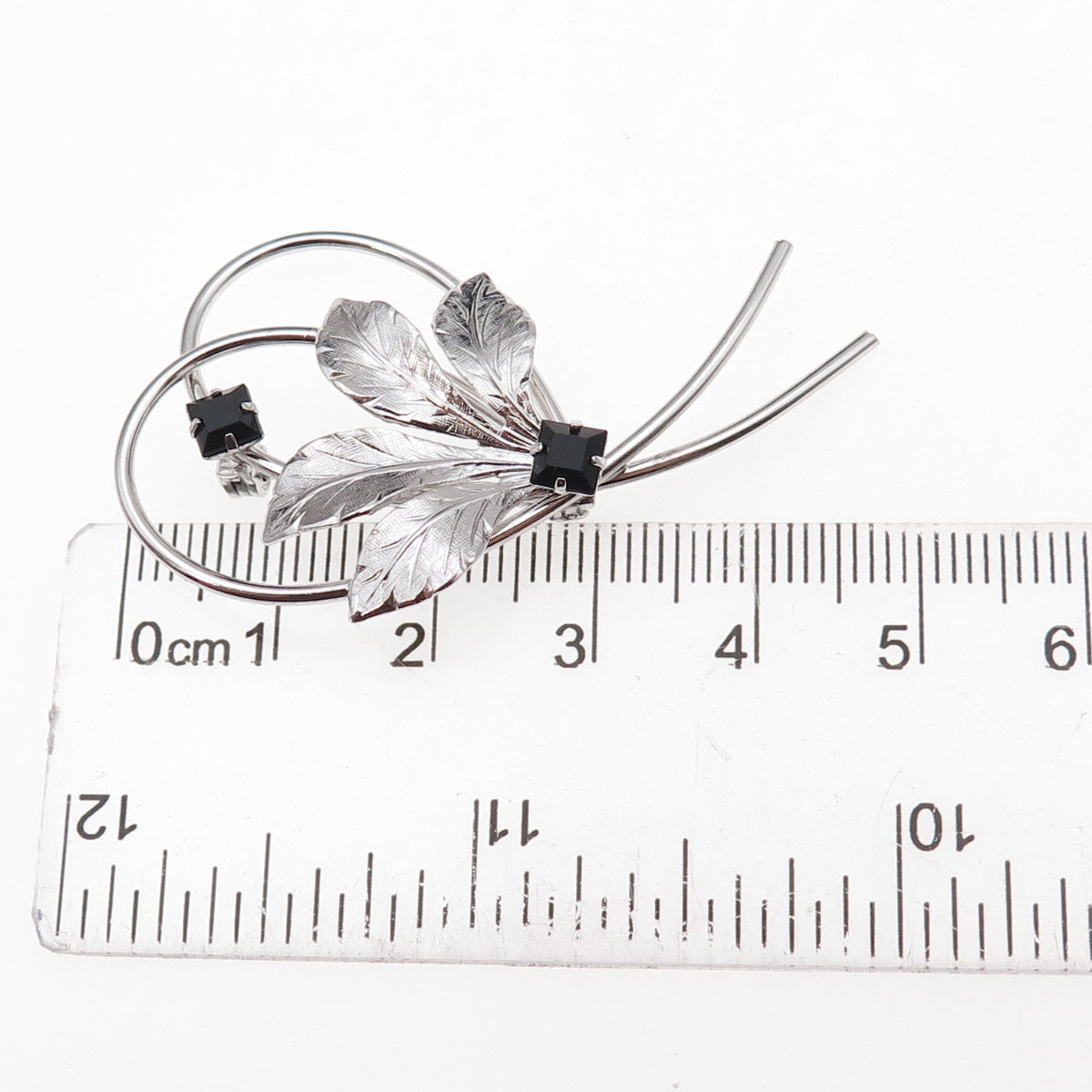 Rolyn 925 Sterling Silver Vintage Black Rhinestone Floral Pin Brooch