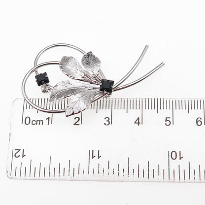 Rolyn 925 Sterling Silver Vintage Black Rhinestone Floral Pin Brooch