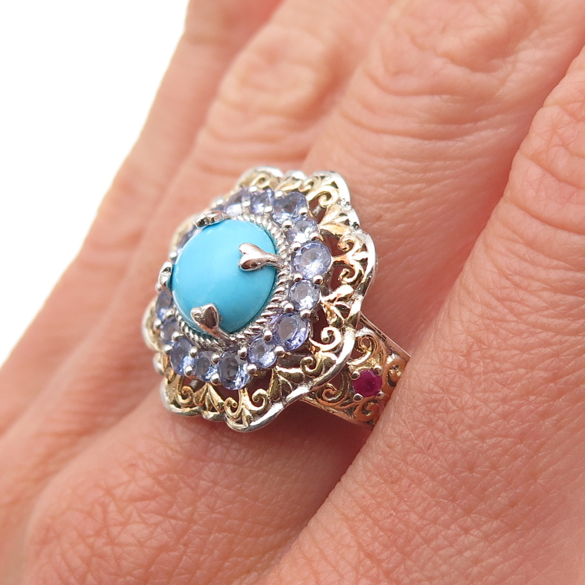 Chuck Clemency 925 Sterling 2-Tone Real Turquoise Tanzanite & Ruby Ring Size 8